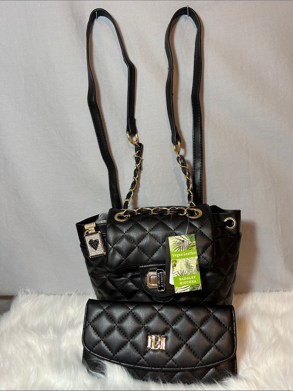 Badgley Mischka Quilted Black Backpack with Matching Wallet & Removable Charm